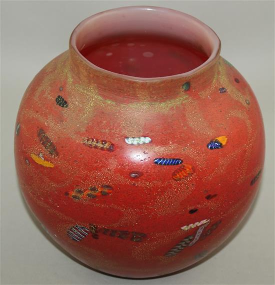 A rare and early Monart red and millefiori glass vase, c.1924, 24cm
